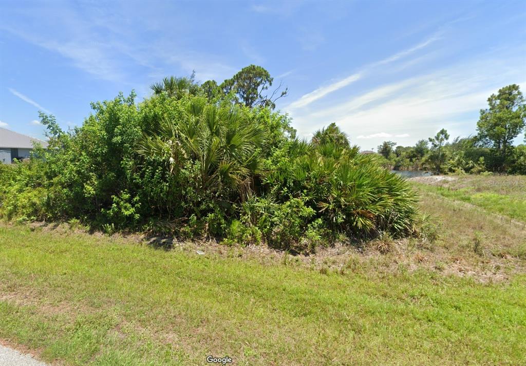 A grassy lot features a large cluster of palm trees and shrubs near a pond — 15664 ALDAMA CIRCLE, PORT CHARLOTTE, FL