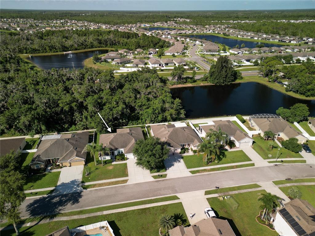 An aerial view shows a residential neighborhood with houses, green lawns, and nearby ponds — 695 GRAPE IVY LANE, NEW SMYRNA BEACH, FL
