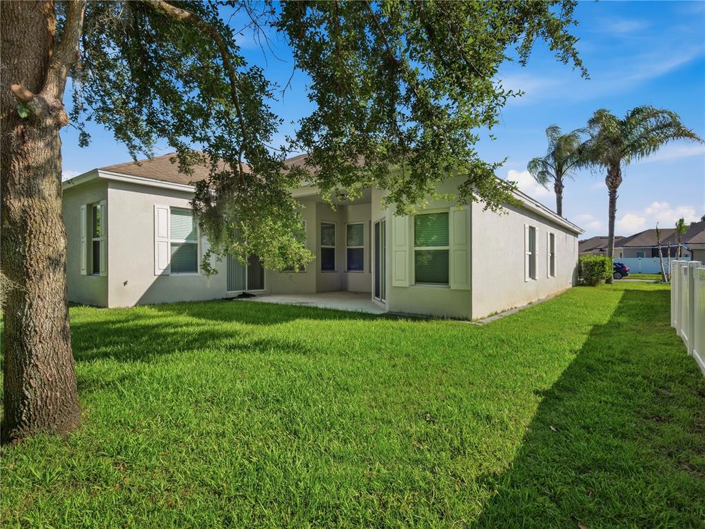 The backyard of a single-story house features a covered patio, green lawn, and large tree — 695 GRAPE IVY LANE, NEW SMYRNA BEACH, FL