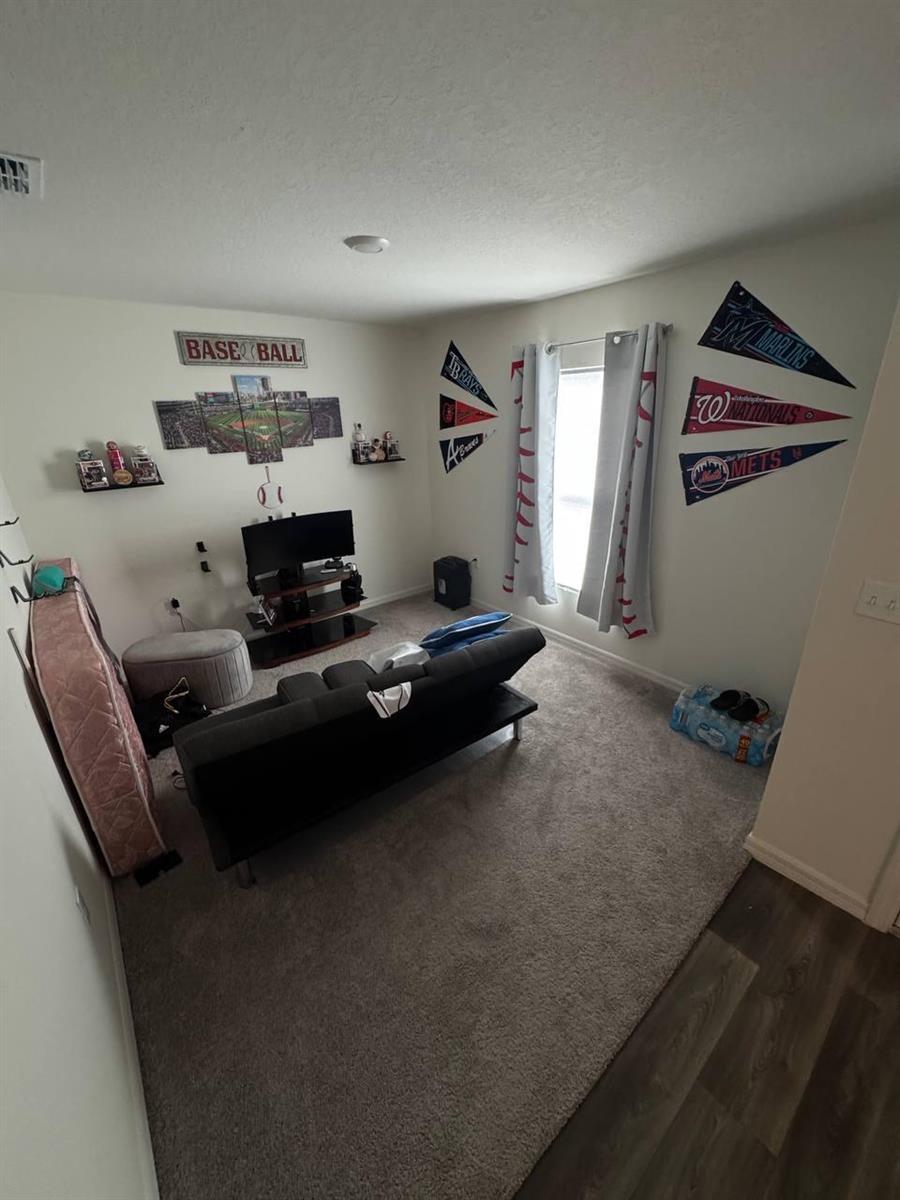 A carpeted living room features a television stand, a sofa, and baseball-themed wall decor — PORT ST. LUCIE, FL