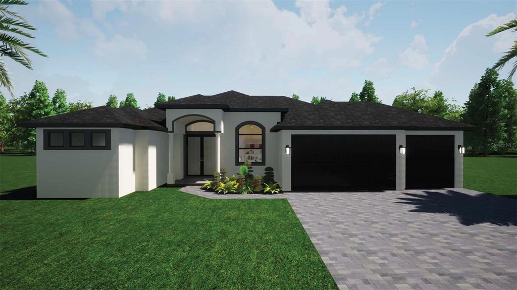 This is a digital rendering of a single-story house with a three-car garage — 2675 YACOLT AVENUE, NORTH PORT, FL