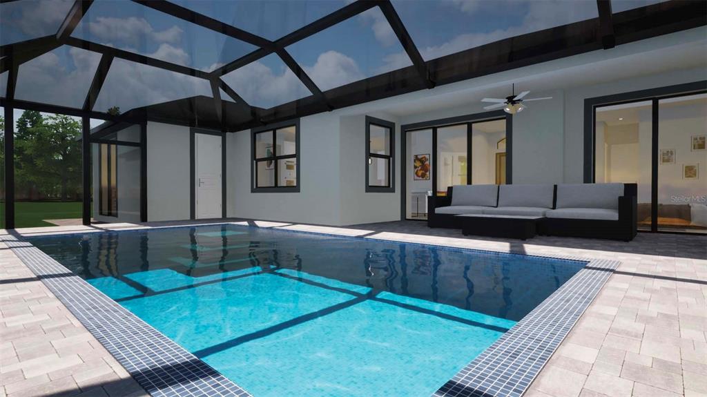 This is a digital rendering of a backyard swimming pool enclosed by a screened lanai — 2675 YACOLT AVENUE, NORTH PORT, FL