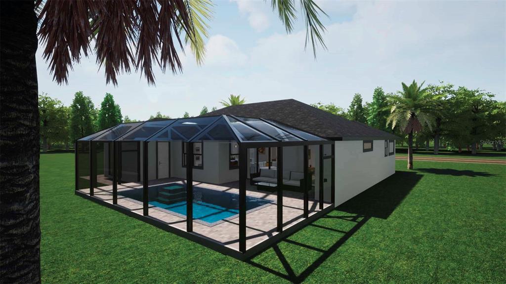 A digital rendering shows the exterior of a house with a screened-in pool enclosure — 2675 YACOLT AVENUE, NORTH PORT, FL