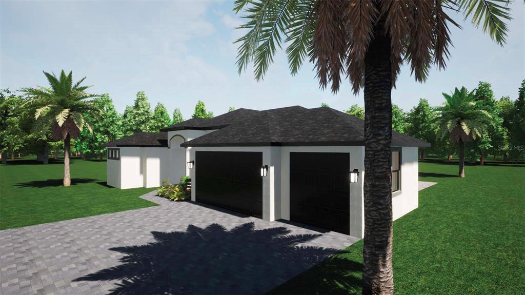 A digital rendering of a modern single-story house with a two-car garage and palm trees — 2675 YACOLT AVENUE, NORTH PORT, FL