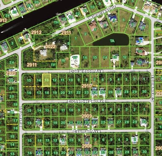 This is a satellite map showing residential lots and streets in a suburban neighborhood — 13147 DONALDSON AVENUE, PORT CHARLOTTE, FL