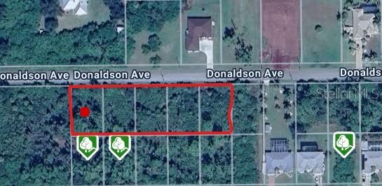 This is an aerial map view showing a rectangular plot of land along a road — 13147 DONALDSON AVENUE, PORT CHARLOTTE, FL