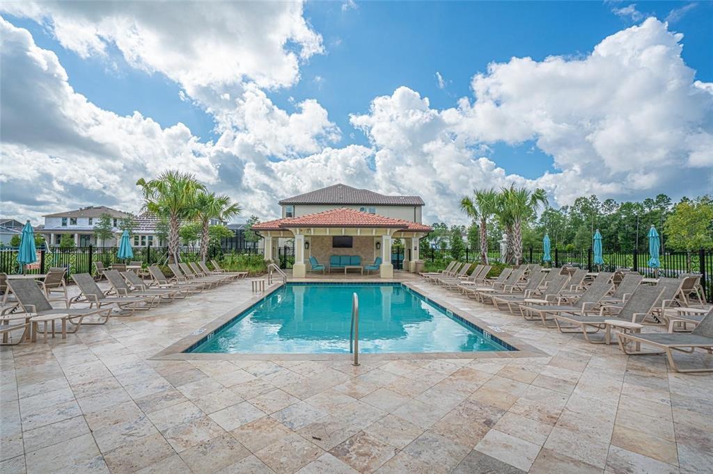 A rectangular swimming pool is surrounded by lounge chairs and a covered patio area — 8278 PROCIDA ISLE LANE, WINDERMERE, FL