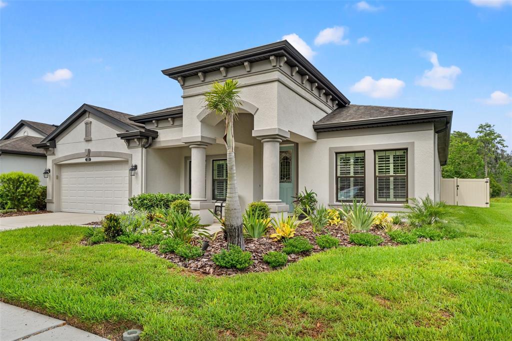 A single-story house with a beige stucco exterior, a two-car garage, and a palm tree — 8320 BLUEVINE SKY DRIVE, LAND O LAKES, FL