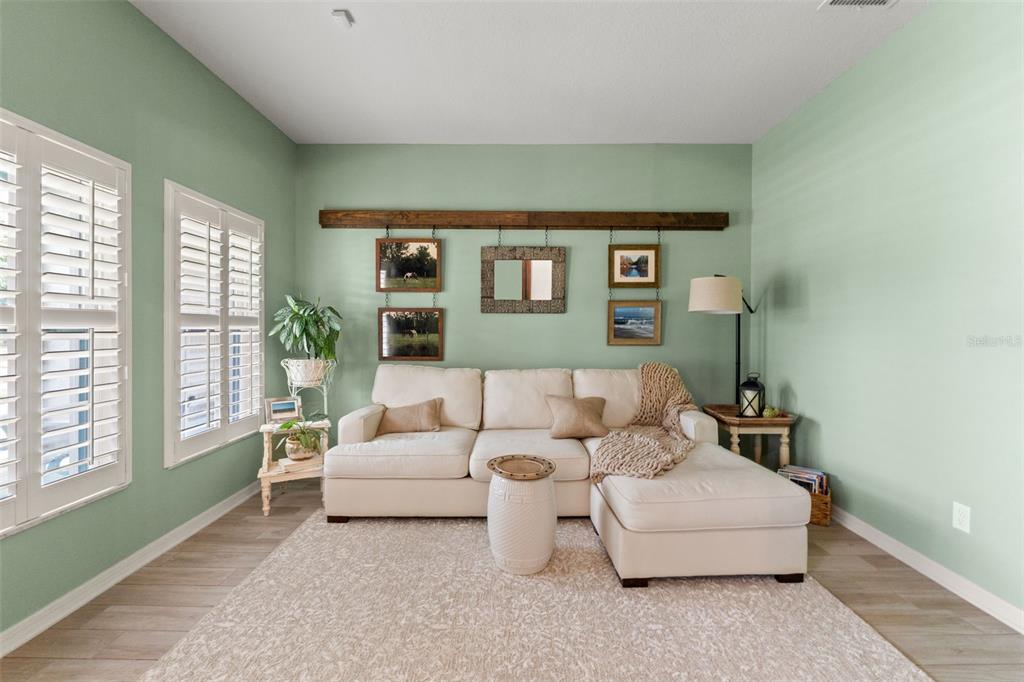 A living room features a light green wall, a white sectional sofa, and hanging artwork — 8320 BLUEVINE SKY DRIVE, LAND O LAKES, FL