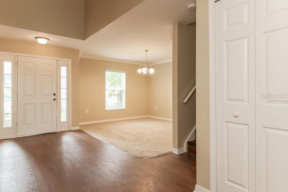 An entryway with wood flooring leads to a carpeted dining area with a chandelier — 13513 MANGO BAY DRIVE, RIVERVIEW, FL