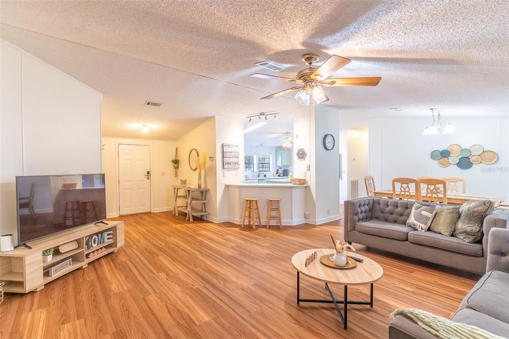An open-concept living room features wood-look flooring, a gray tufted sofa, and a kitchen pass-through — 5028 CLEWIS AVENUE, TAMPA, FL