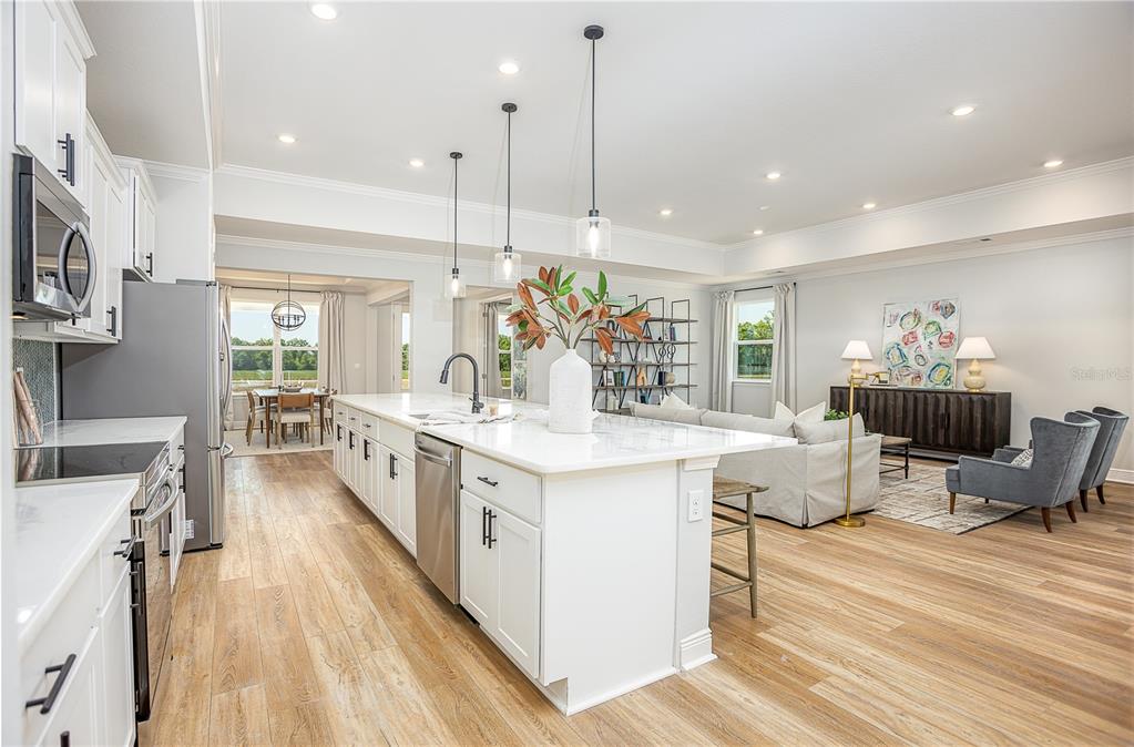 A modern open-concept kitchen with a large white island, stainless appliances, and wood-look flooring — 16907 ROYAL PALM DRIVE, GROVELAND, FL