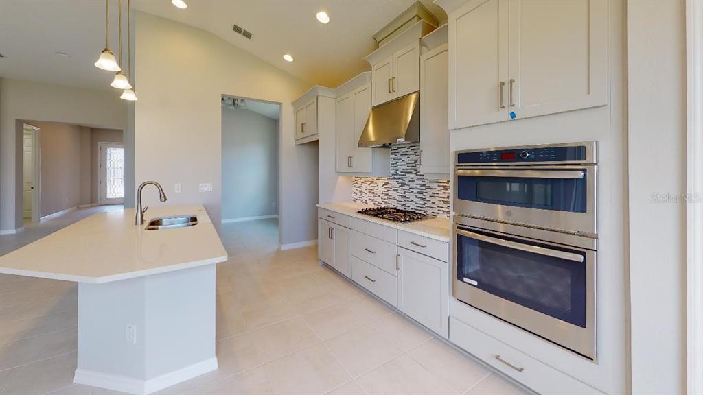 A kitchen features dark wood cabinets, white countertops, stainless steel appliances, and light wood flooring — 3021 PARAPET TERRACE PLACE, PLANT CITY, FL