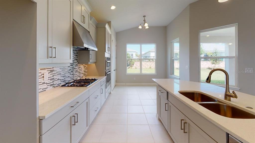 A kitchen features dark wood cabinets, stainless steel appliances, and a white quartz island countertop — 3021 PARAPET TERRACE PLACE, PLANT CITY, FL