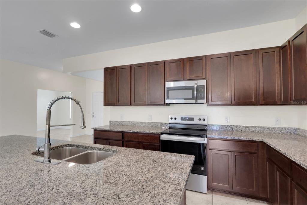 A kitchen features dark wood cabinets, granite countertops, stainless steel appliances, and a double-basin sink — 25108 PALISADE ROAD, PUNTA GORDA, FL