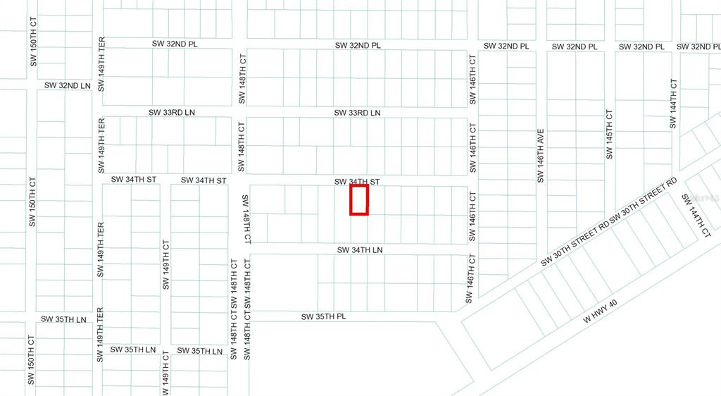 This image is a map showing a highlighted parcel of land — TBD SW 34 STREET, OCALA, FL