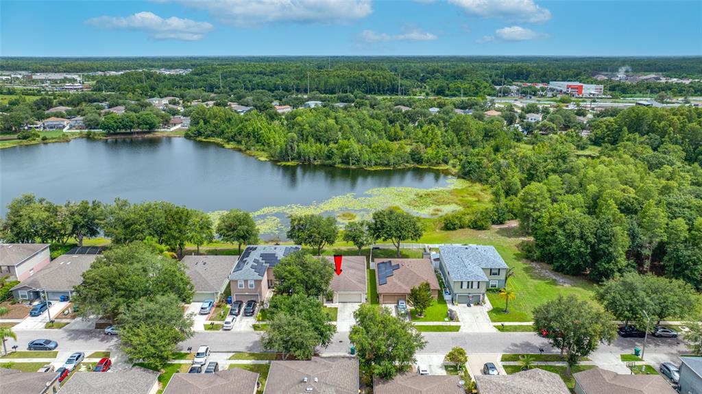 An aerial view shows a suburban neighborhood with houses bordering a lake and trees — 13953 JACOBSON DRIVE, ODESSA, FL