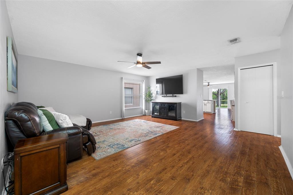 A living room with wood-look flooring, a ceiling fan, a television, and a brown sofa — 13953 JACOBSON DRIVE, ODESSA, FL