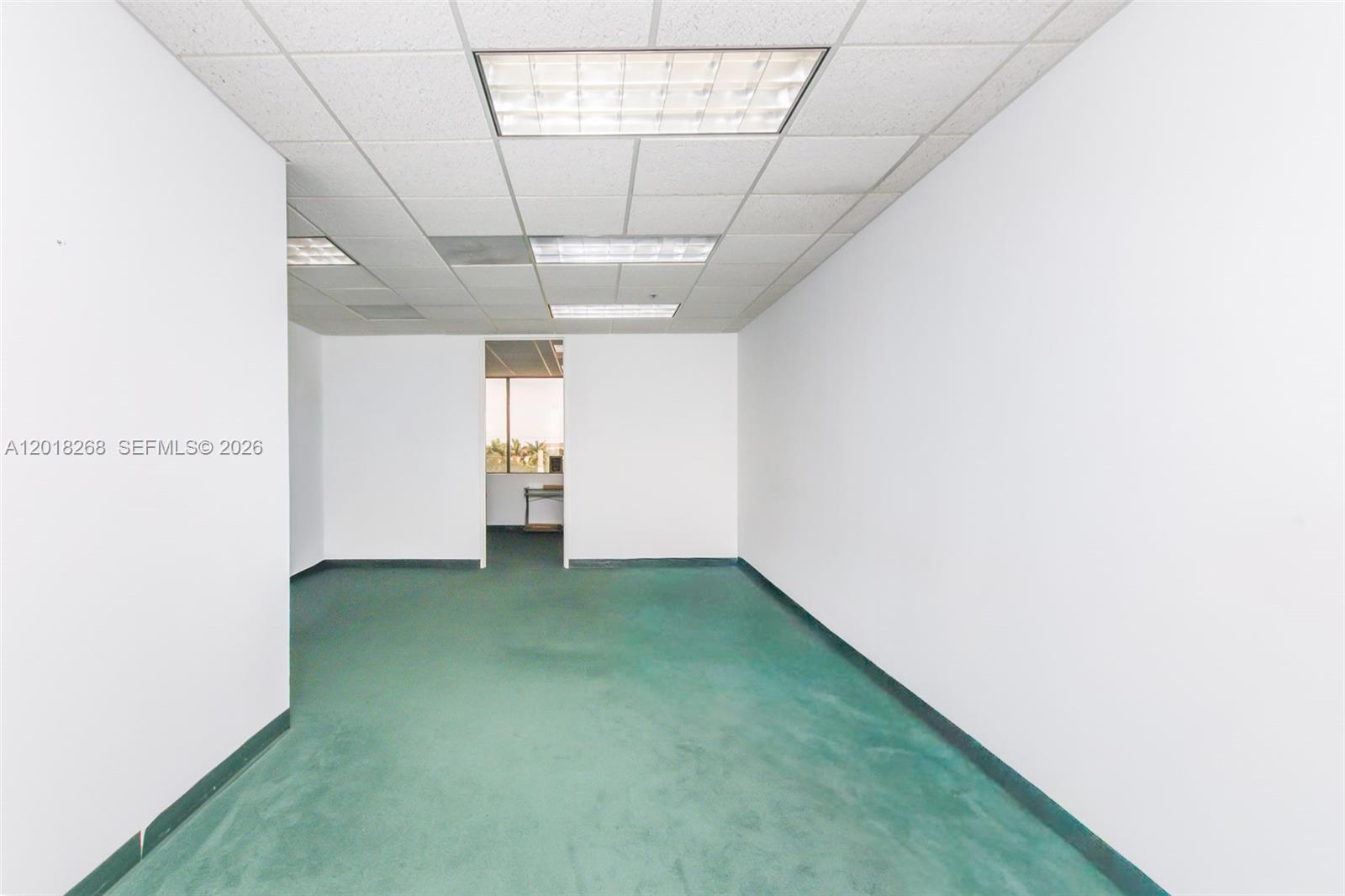 An empty office room features white walls, a drop ceiling with fluorescent lights, and green carpeting — 1900 Glades Rd # 353, Boca Raton FL 33431, BOCA RATON, FL
