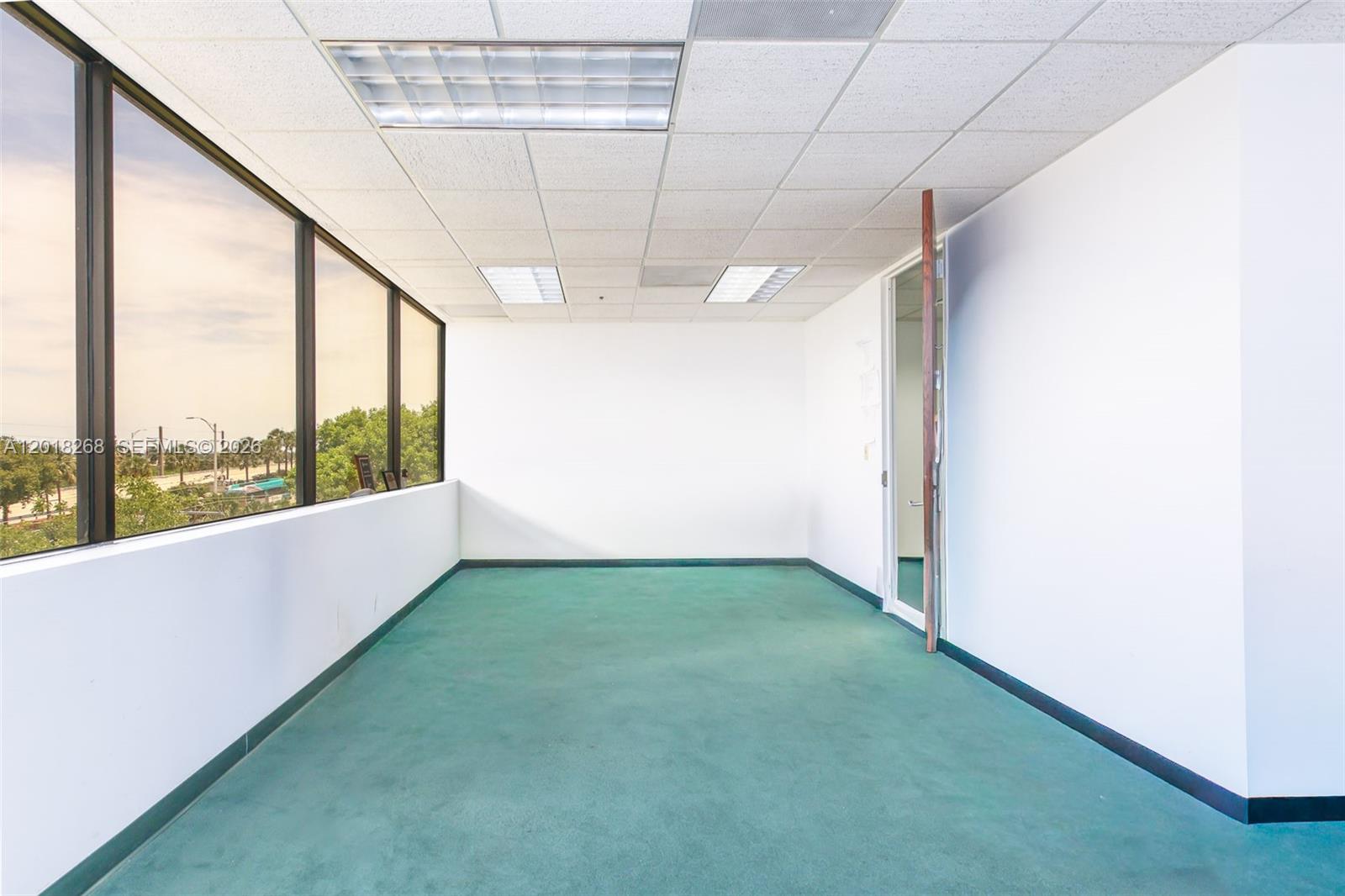 An empty office room features green carpeting, white walls, and large windows overlooking trees — 1900 Glades Rd # 353, Boca Raton FL 33431, BOCA RATON, FL