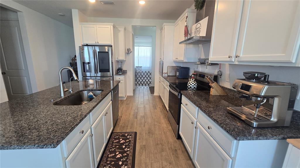 A kitchen features white cabinets, dark granite countertops, stainless steel appliances, and wood-look tile flooring — 12163 STIRRUP DRIVE, DADE CITY, FL