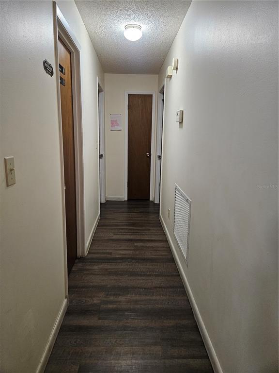 A hallway with dark wood-look flooring, white walls, and three wooden doors — 3481 NE MASTERS AVENUE, ARCADIA, FL