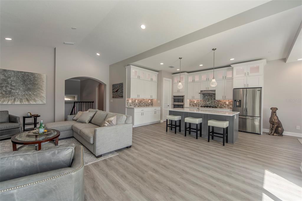An open-concept kitchen and living room featuring light wood floors, white cabinetry, and a gray island — 17B FRANKLIN COURT S, ST PETERSBURG, FL
