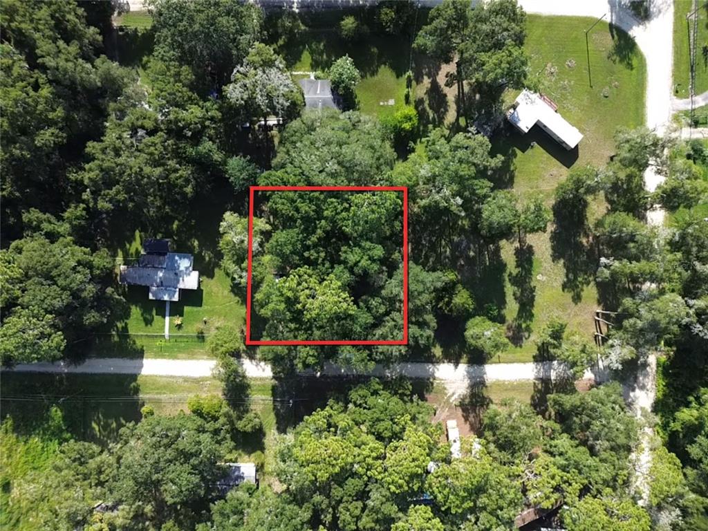 An aerial view shows a wooded, rectangular lot outlined in red along a dirt road — TBD NW 136TH COURT, OCALA, FL