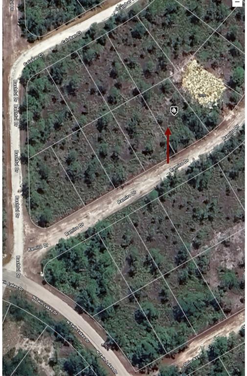 This is an aerial map showing a vacant residential lot highlighted with a red arrow — 28090 RAMIRO DRIVE, PUNTA GORDA, FL