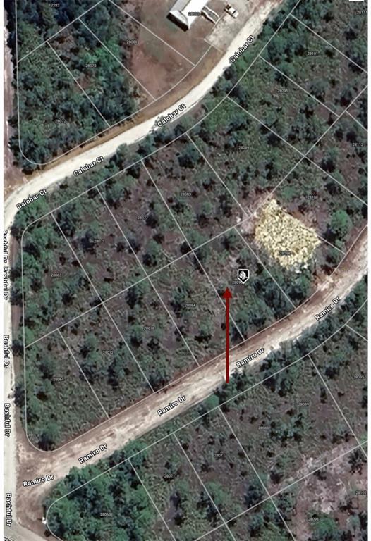 This is a satellite map view showing a vacant residential lot with a red arrow — 28090 RAMIRO DRIVE, PUNTA GORDA, FL