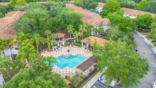 An aerial view of a community swimming pool surrounded by palm trees and apartment buildings — 6924 HOCHAD DRIVE, ORLANDO, FL