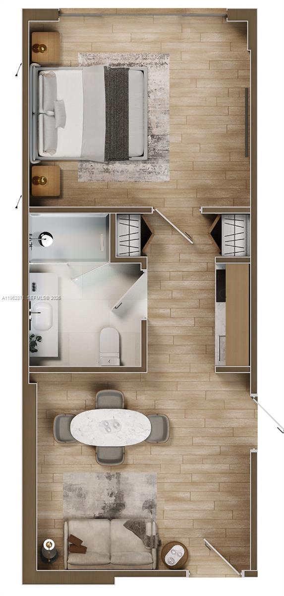 This is a floor plan rendering of a one-bedroom apartment with an open living area — 1136 SW 3 Ave # 409, Miami FL 33130, MIAMI, FL