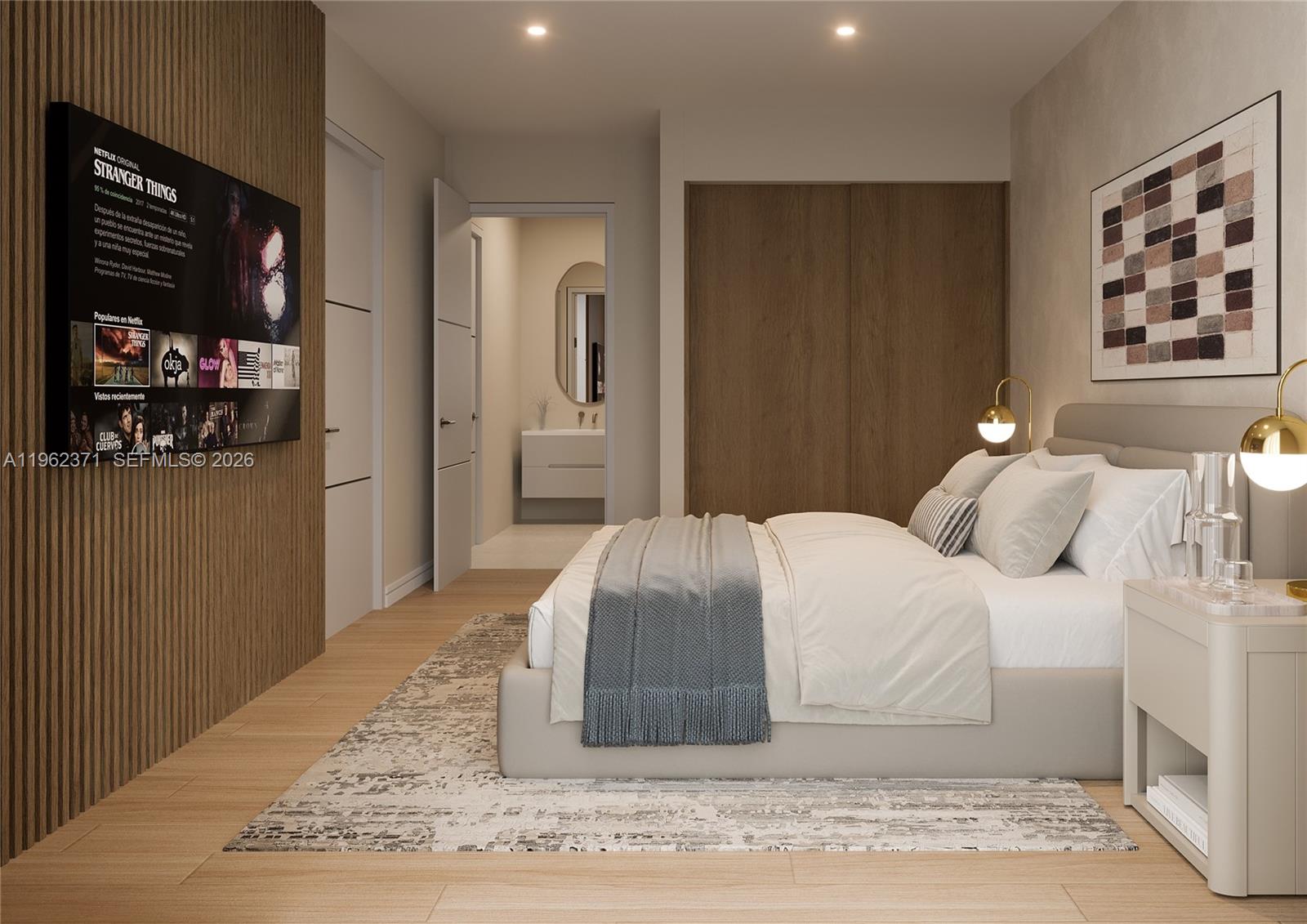 This rendering shows a modern bedroom with a wall-mounted television, wood paneling, and an ensuite bathroom — 1136 SW 3 Ave # 409, Miami FL 33130, MIAMI, FL