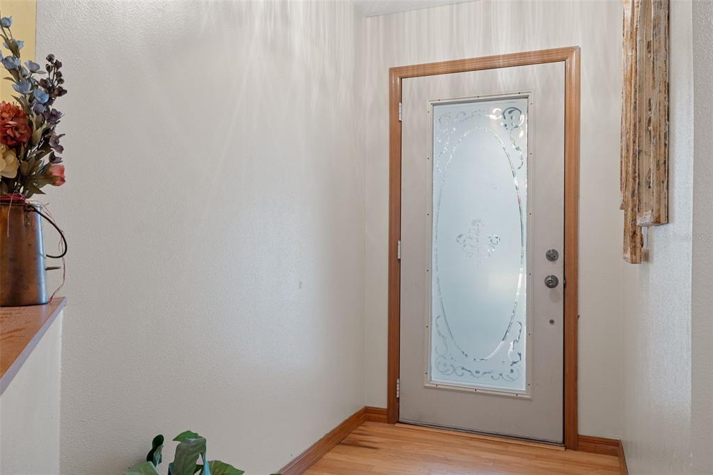 An entryway features a light-colored door with a decorative glass insert and hardwood flooring — 8417 YEARLING LANE, NEW PORT RICHEY, FL