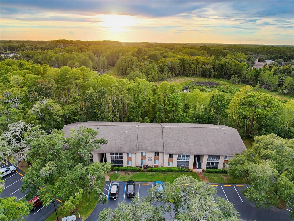 An aerial view shows a multi-unit residential building surrounded by trees with a parking lot — 12211 FOX CHASE DRIVE UNIT C1, HUDSON, FL