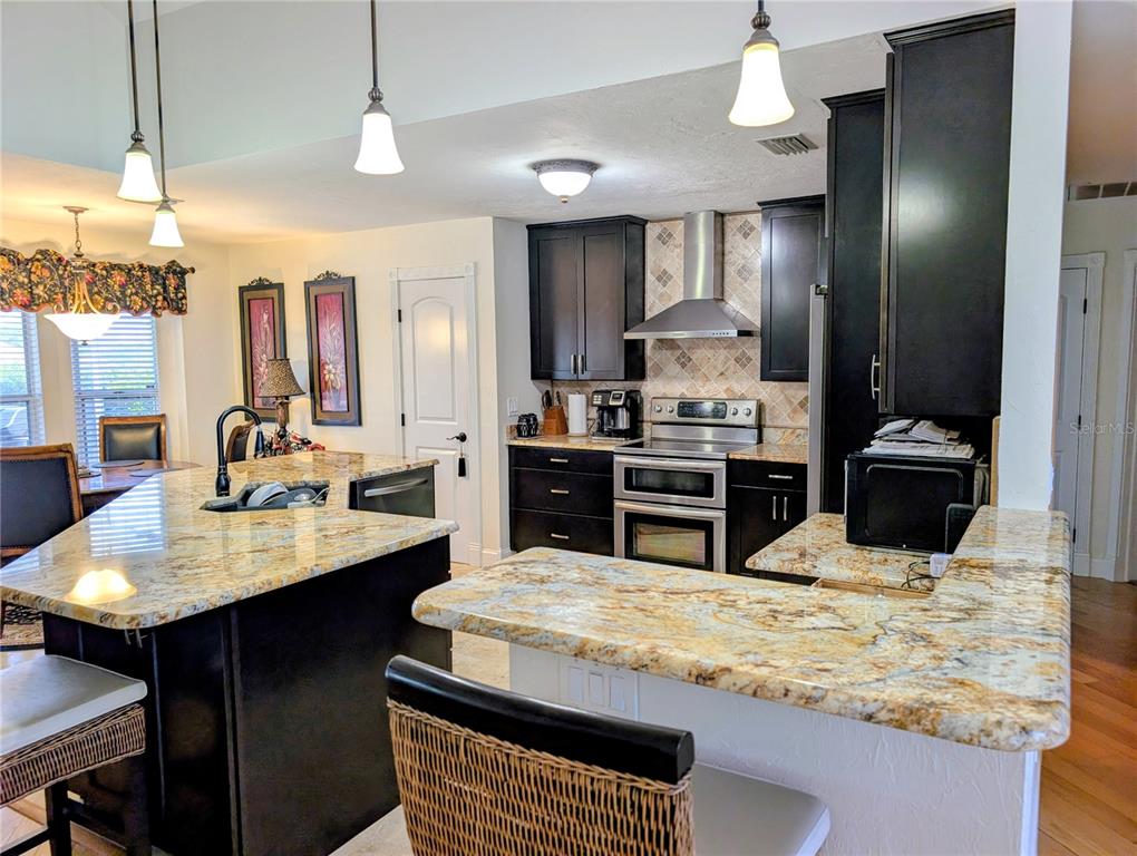 A kitchen features dark cabinetry, granite countertops, a large island, and stainless steel appliances — 1235 E HARTFORD STREET, HERNANDO, FL