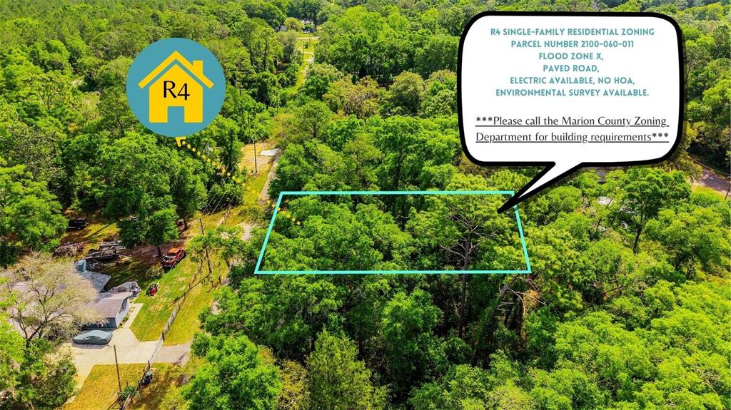 An aerial view shows a wooded, rectangular plot of land outlined in light blue — Lot 11 NW 20TH STREET, OCALA, FL