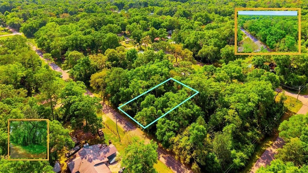 An aerial view shows a wooded residential lot outlined in blue with two inset photos — Lot 11 NW 20TH STREET, OCALA, FL