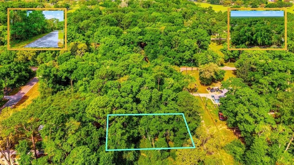 An aerial view shows a wooded lot outlined in blue with surrounding roads and trees — Lot 11 NW 20TH STREET, OCALA, FL