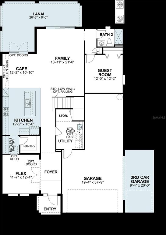 This is a floor plan for a single-story home featuring a three-car garage and lanai — 5752 FREESIA DRIVE, LAKELAND, FL