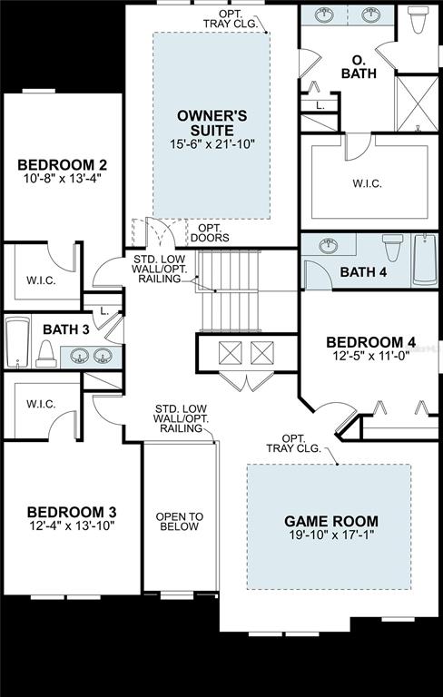This is a floor plan of a residential second story featuring four bedrooms and a game room — 5752 FREESIA DRIVE, LAKELAND, FL