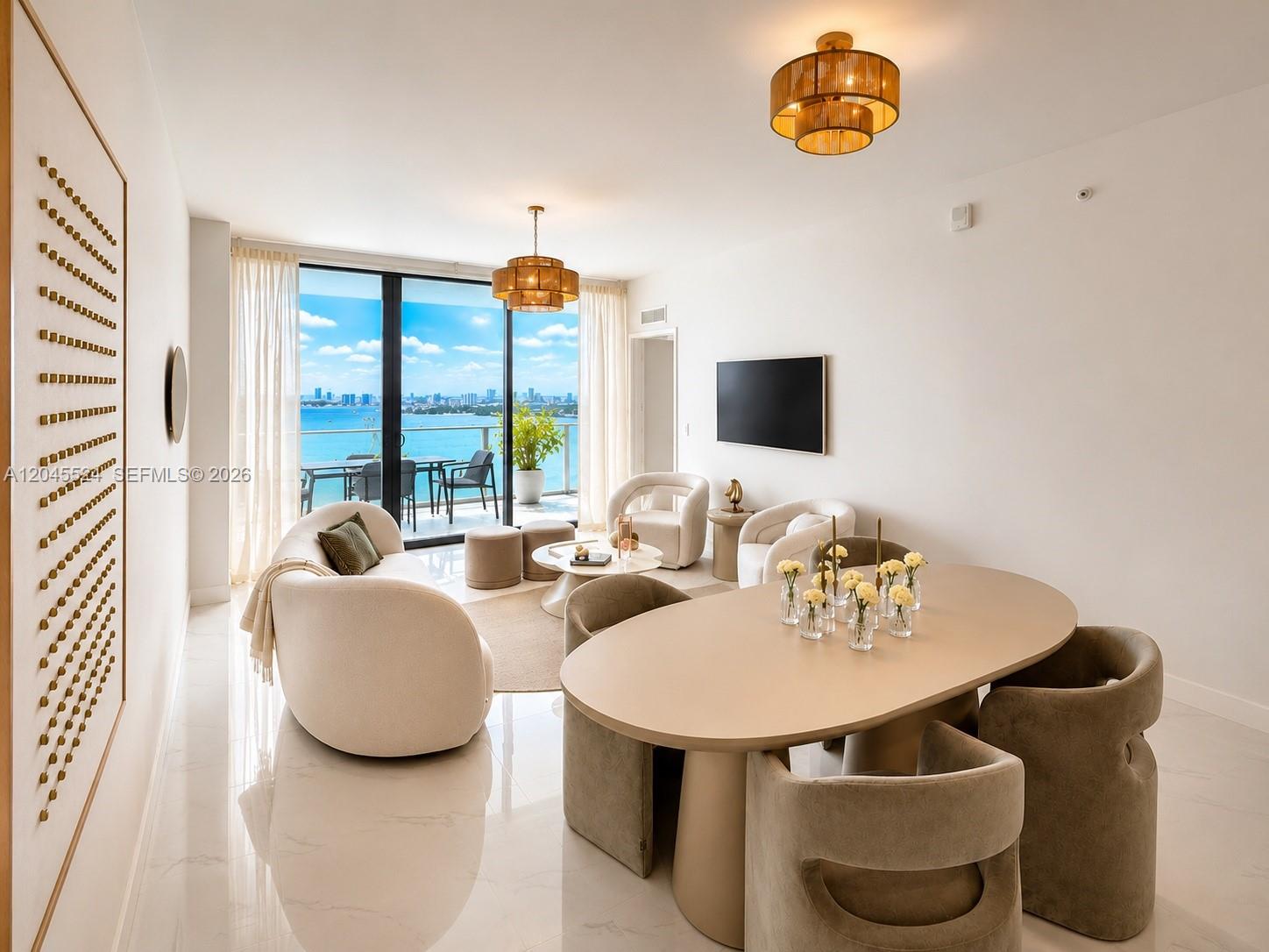 A modern living and dining room features neutral furniture, marble floors, and a balcony view — 711 NE 23rd Ter # 3004, Miami FL 33137, MIAMI, FL
