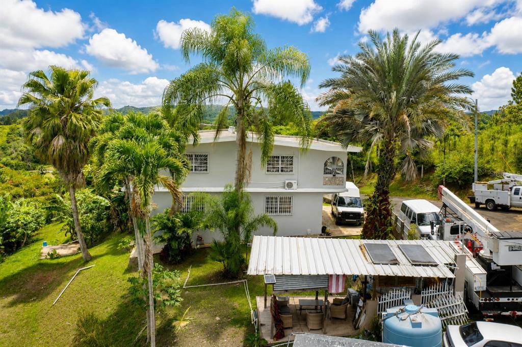 A two-story house with a metal-roofed patio and palm trees in a rural landscape — Carr 156 KM 1.0 BO SABANA SECTOR PUEBLITO, OROCOVIS, PR