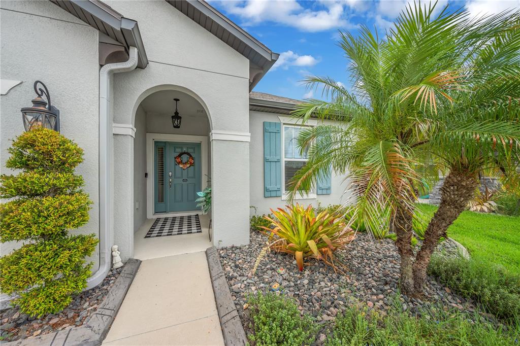 The front entrance of a house features a teal door, a palm tree, and landscaping — 11637 TETRAFIN DRIVE, RIVERVIEW, FL