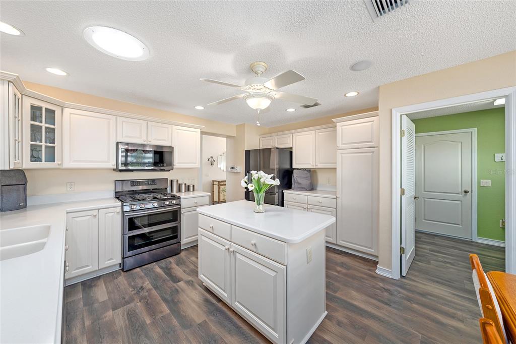 A kitchen features white cabinets, a central island, stainless steel appliances, and wood-look flooring — 1529 STRATON WAY, THE VILLAGES, FL