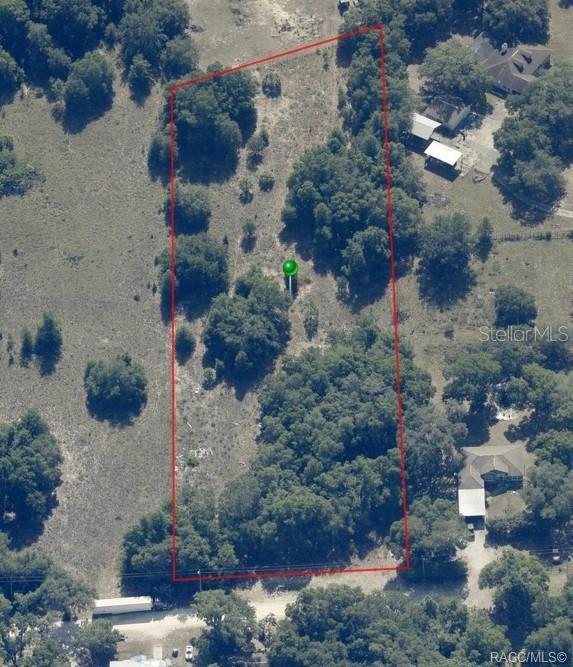 This aerial view shows a rectangular plot of land outlined in red with scattered trees — 12405 N RUFF POINT, DUNNELLON, FL