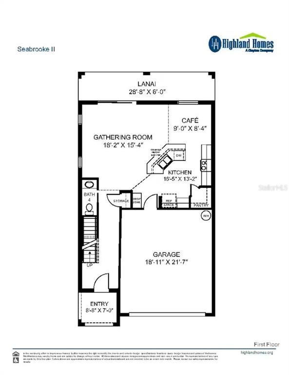 This is a floor plan for the first level of a Seabrooke II home — 6769 FLAGSTONE AVENUE E, LAKELAND, FL
