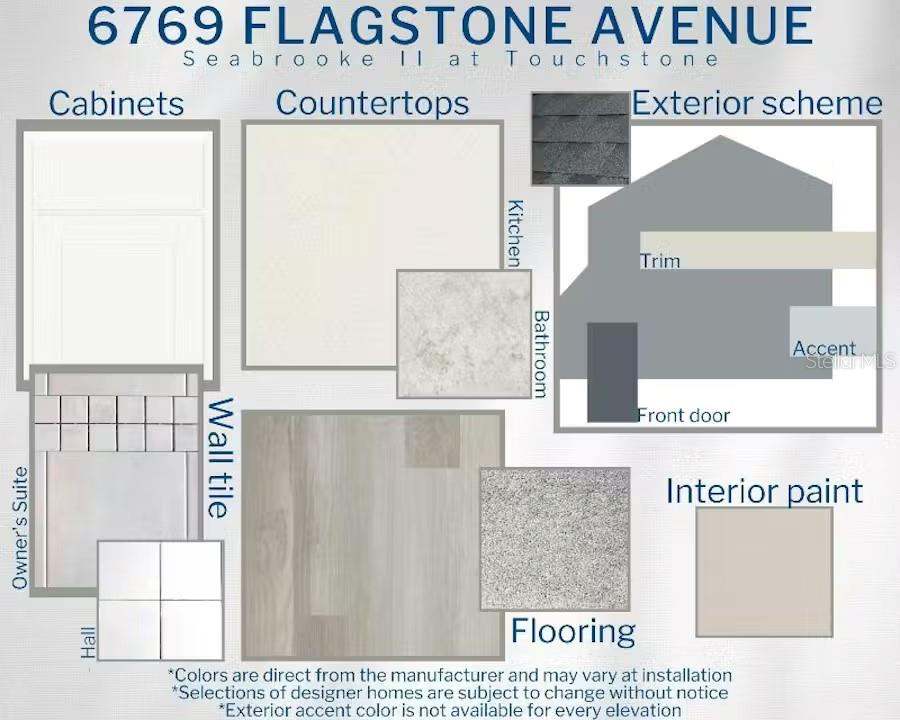 This design board displays material samples for cabinets, countertops, flooring, paint, and exterior color schemes — 6769 FLAGSTONE AVENUE E, LAKELAND, FL