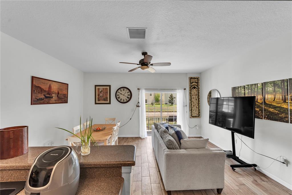 A living and dining area features a sofa, dining table, television, and sliding glass doors — 1939 GREENWOOD VALLEY DRIVE, PLANT CITY, FL