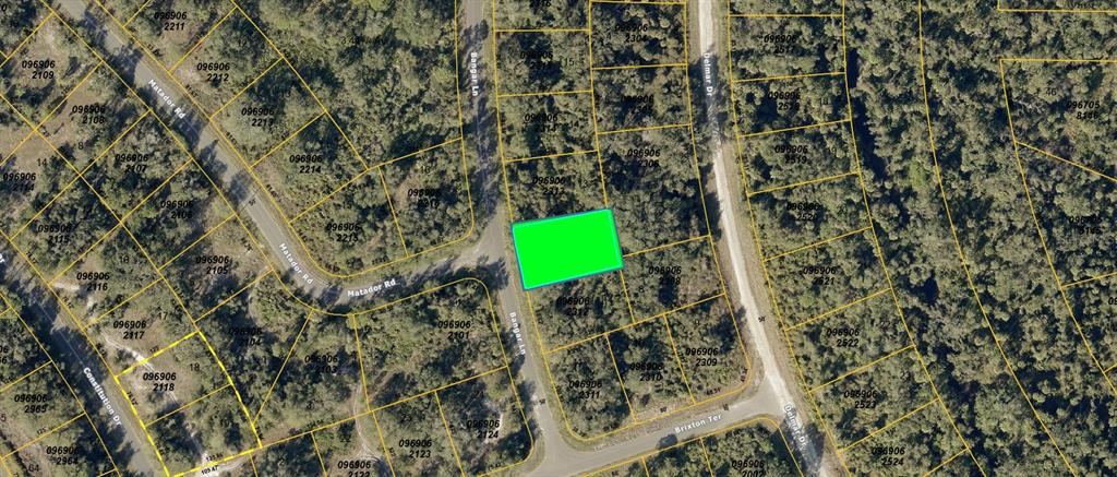 This is an aerial map showing a highlighted vacant lot in a wooded residential area — BANGAR LANE, NORTH PORT, FL